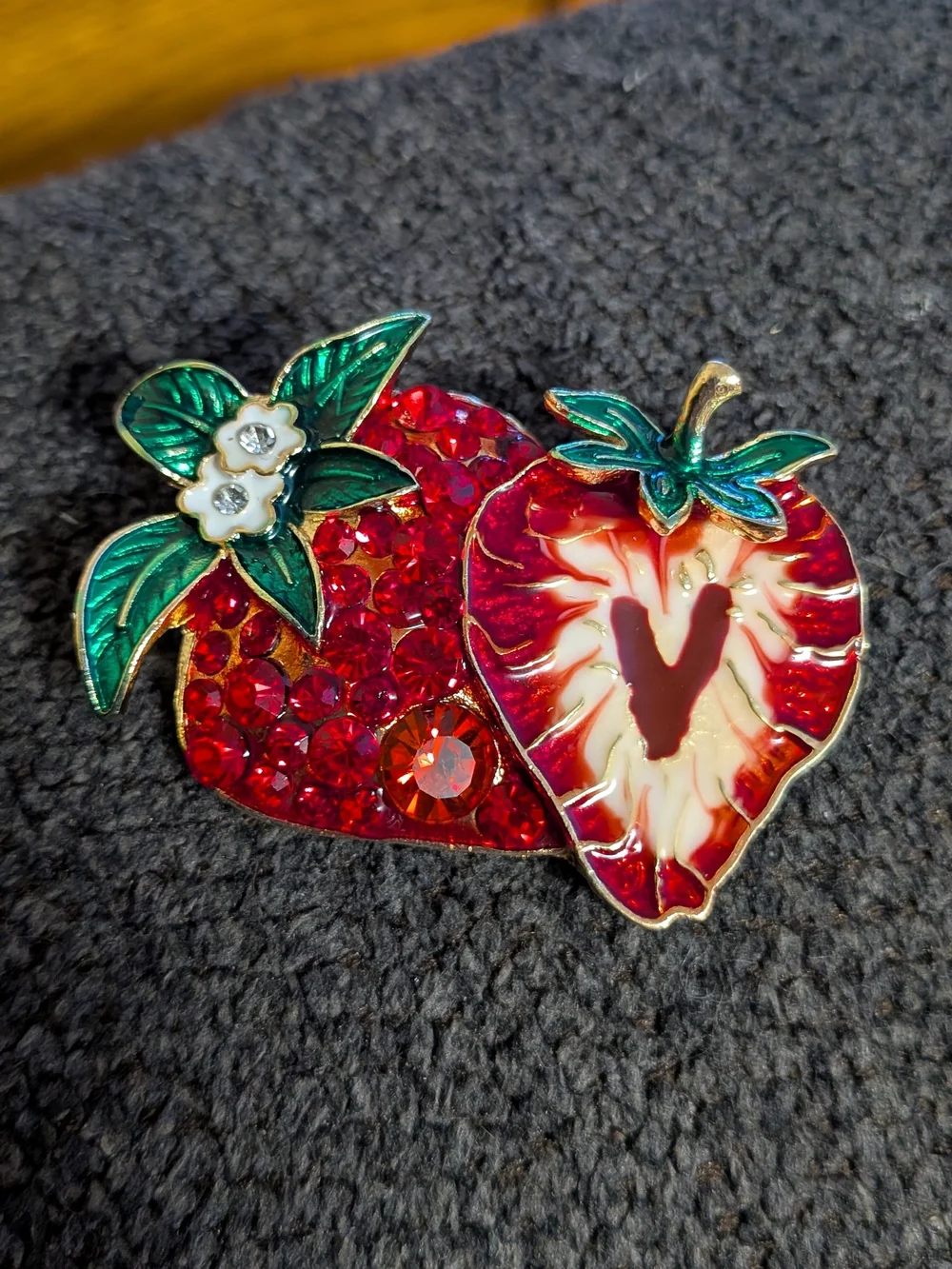 Strawberry Brooch Pin Red Rhinestone Sliced Enamel Fruit Blossom Gold Tone